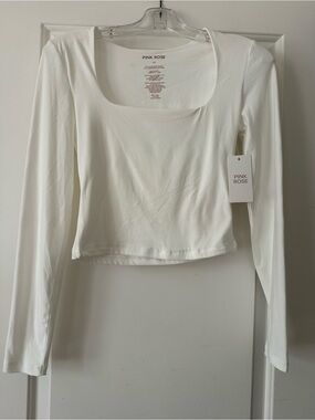 Pink Rose White Long-Sleeve Square Neck Crop Top